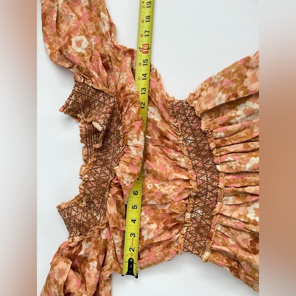 Spell Anne Smocked wide leg jumpsuit XS Peach antique floral off shoulder cotton - Picture 9 of 14